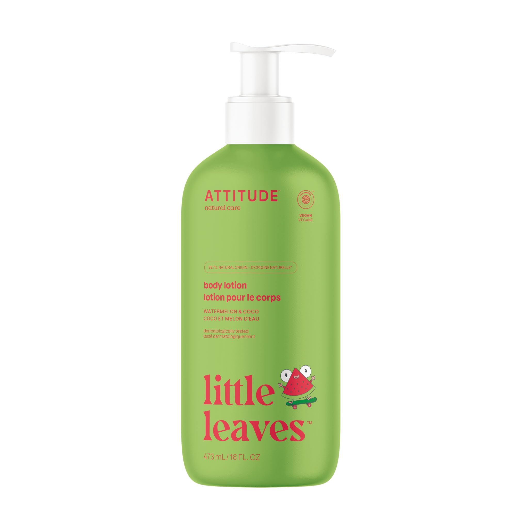 ATTITUDE Natural Body Lotion for Kids For Sensitive Skin (EWG Verified, Hypoallergenic), Watermelon & Coco, 16 Fl Oz