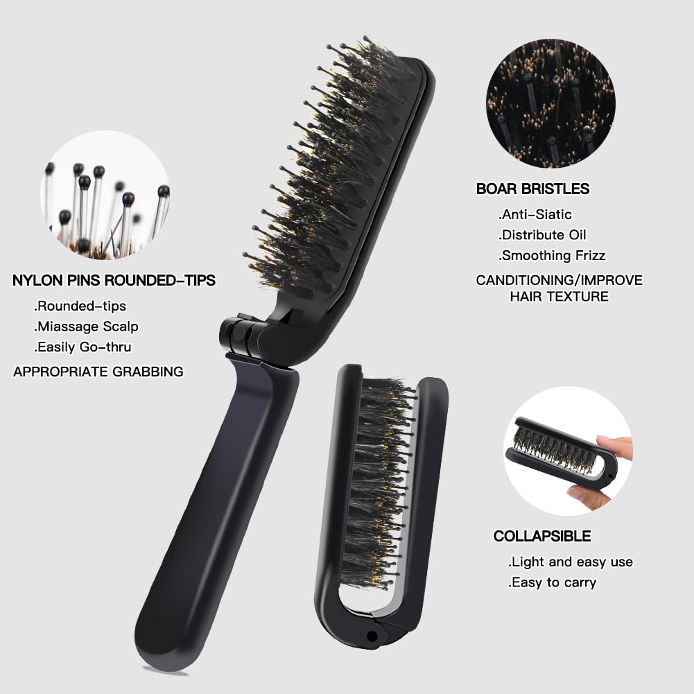Aozzy Travel Hair Brushes Folding Hair Brush with Boar Bristle Portable Pocket Size Brushes