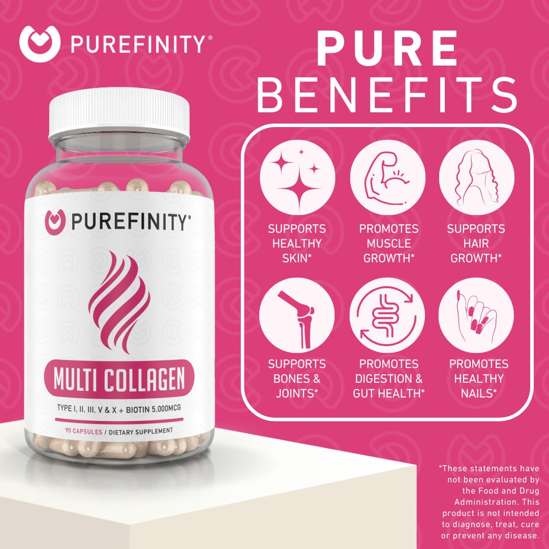 PUREFINITY Collagen Peptides for Women – Type I, II, III, V & X with Biotin & Hyaluronic Acid, Supports Healthy Skin, Bones, Hair & Nails – Non-GMO, Grass-Fed, 90 Capsules (1 Month Supply)