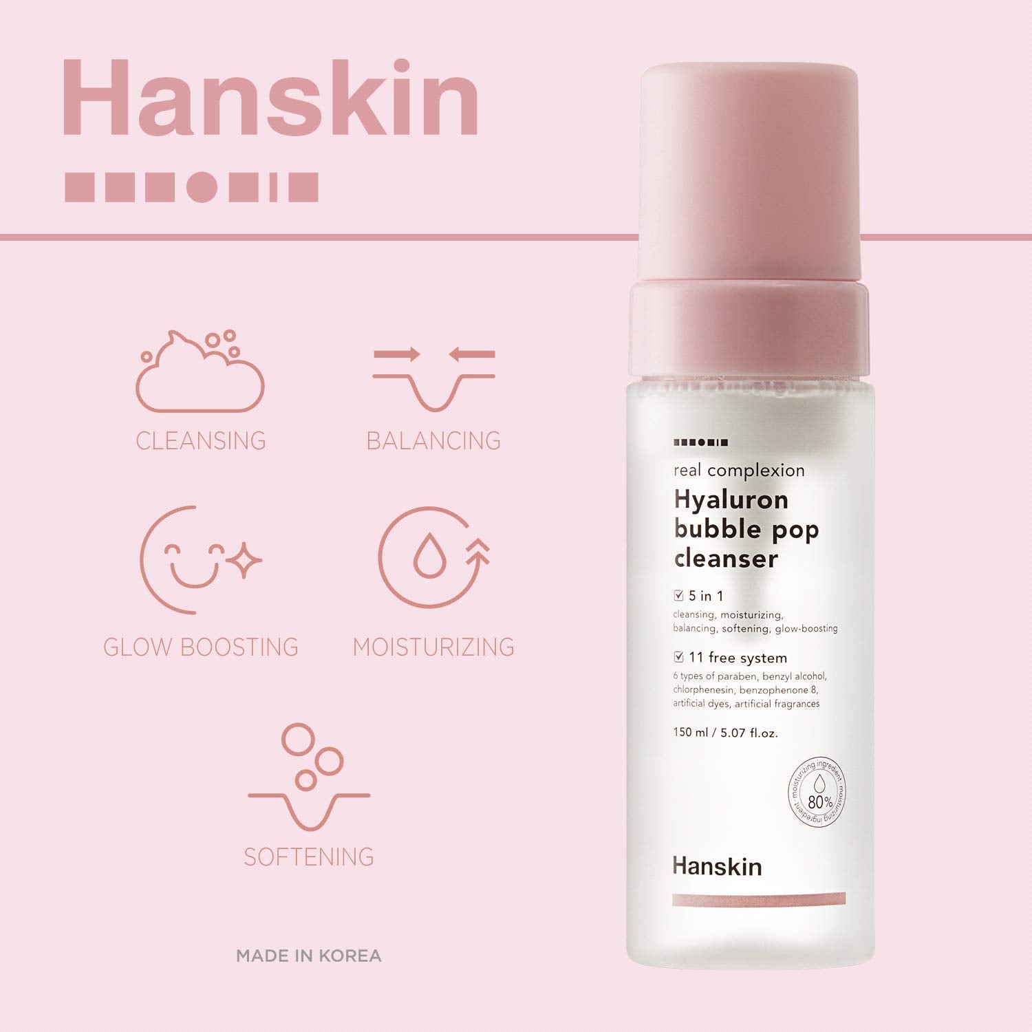 Hanskin Real Complexion Hyaluron Bubble Pop Cleanser, Hydrating Foaming Daily Face Wash, Gentle Moisturizing Softening and Glowing [150ml]