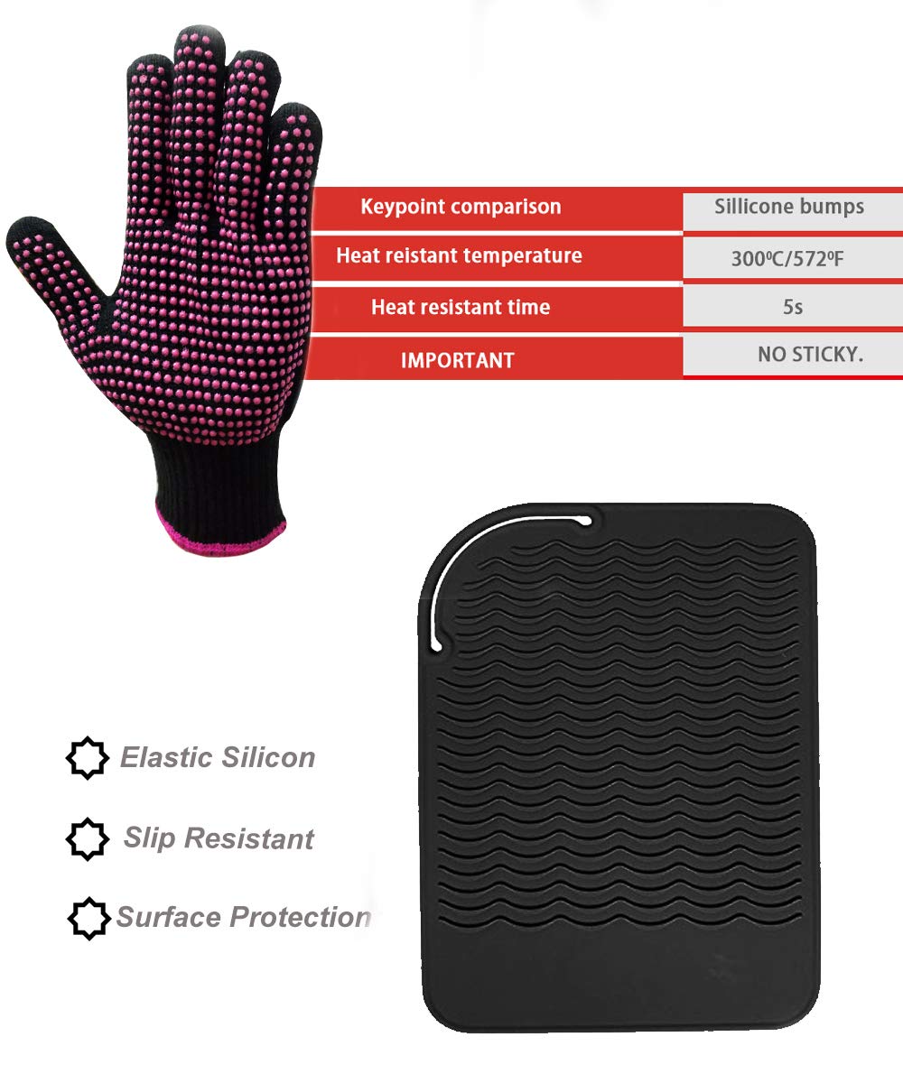 Curling Iron Mat, Heat Resistant Mat with Heat Resistant Glove for Hair Straightener, Flat Irons, 8.7ââ‚¬Âx5.2ââ‚¬Â Silicone Bump Glove, 9ââ‚¬Â x 6.5ââ‚¬Â Food Grade Silicone Mat, Black