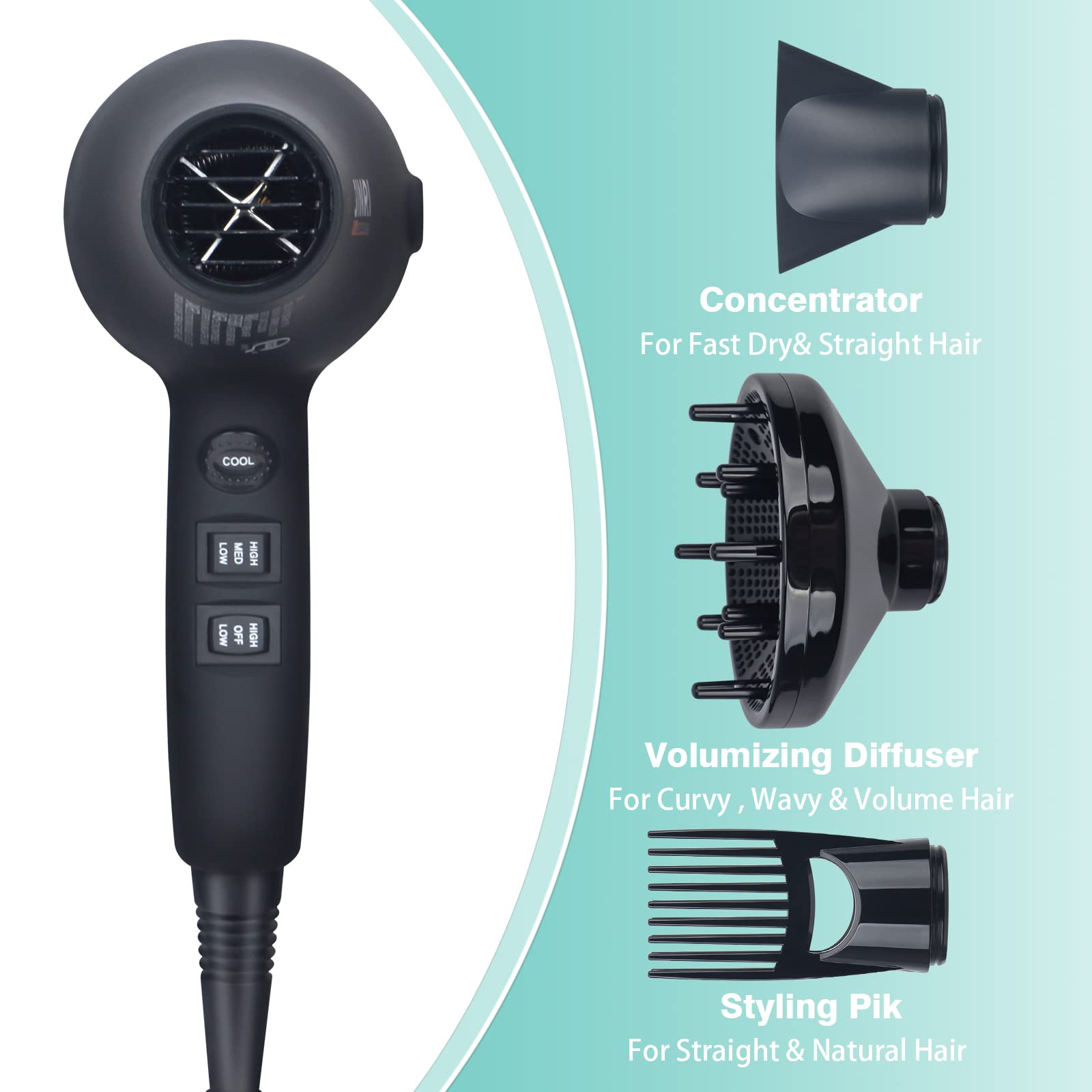 1875w Professional Tourmaline Hair Dryer,Negative Ionic Salon Hair Blow Dryer,DC Motor Light Weight Low Noise Hair Dryers with Diffuser & Concentrator,Black ETL Certified