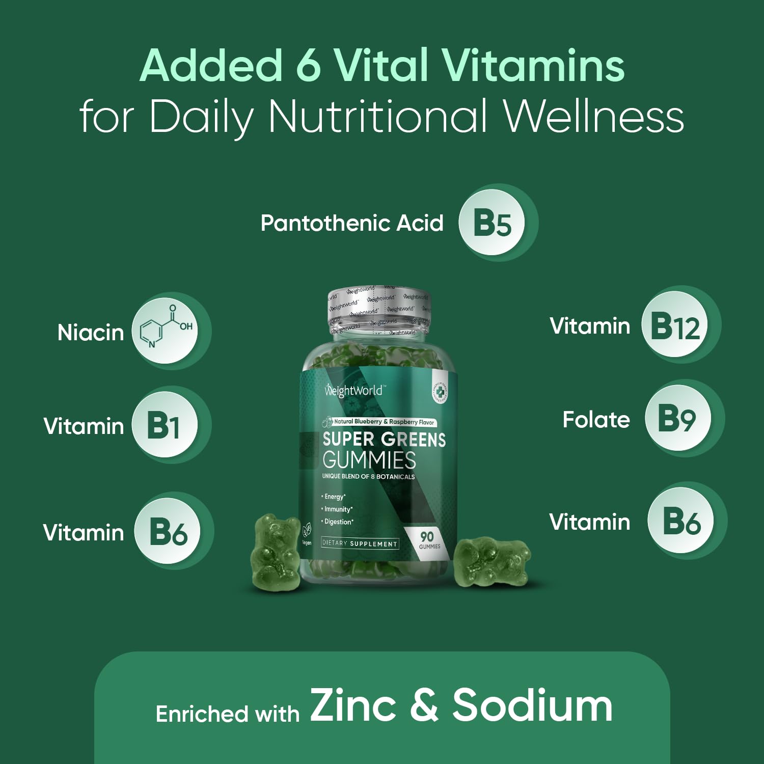 WeightWorld Super Green Gummies - 90 Vegan Gummies (45 Days Supply) - Daily Green Supplements for Energy, Immunity & Digestion - Natural Blueberry & Raspberry Flavor - Non-GMO & Gelatin-Free