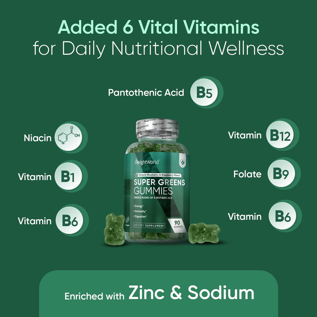 WeightWorld Super Green Gummies - 90 Vegan Gummies (45 Days Supply) - Daily Green Supplements for Energy, Immunity & Digestion - Natural Blueberry & Raspberry Flavor - Non-GMO & Gelatin-Free