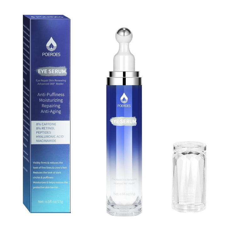 Poeroes Eye Serum with 8% Caffeine 8% Retinol Hyaluronic Acid Niacinamide peptides for Puffy Bags Fine Lines Dark Circles Wrinkles, Under Eye Cream with 360° Roller Massage Ball, 0.5 fl. oz