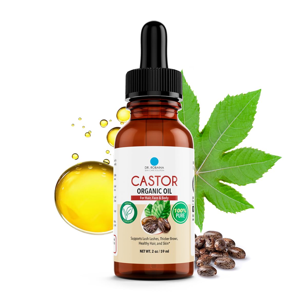 Dr. Robaina 100% Pure Organic Castor Oil – Cold-Pressed for Hair Growth, Deep Skin Hydration, Eyelash & Eyebrow Strengthening – Vegan, Natural Moisturizer, Made in USA