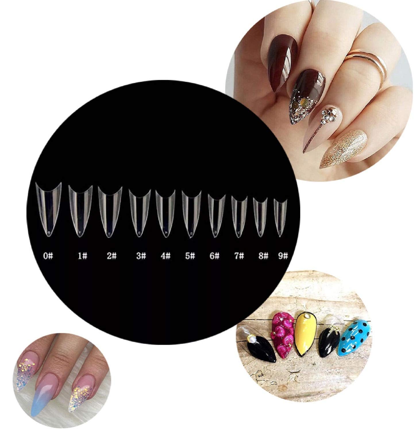 Kissbuty 500 PCS Stiletto Nails Clear Color Sharp Ending False Acrylic Nail Art Tips 10 Sizes With Box Perfect Length for Nail Salons and DIY Nail Art at Home(Clear Stiletto Nails)