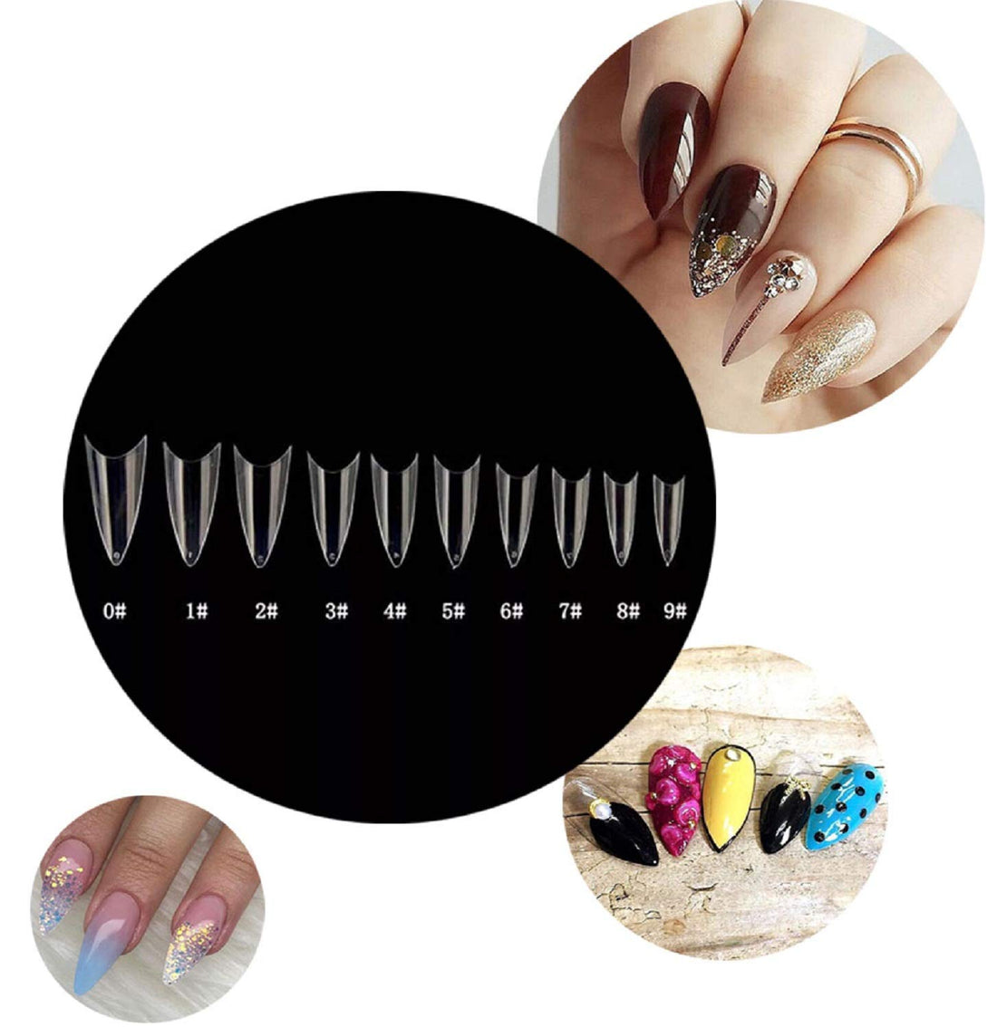 Kissbuty 500 PCS Stiletto Nails Clear Color Sharp Ending False Acrylic Nail Art Tips 10 Sizes With Box Perfect Length for Nail Salons and DIY Nail Art at Home(Clear Stiletto Nails)