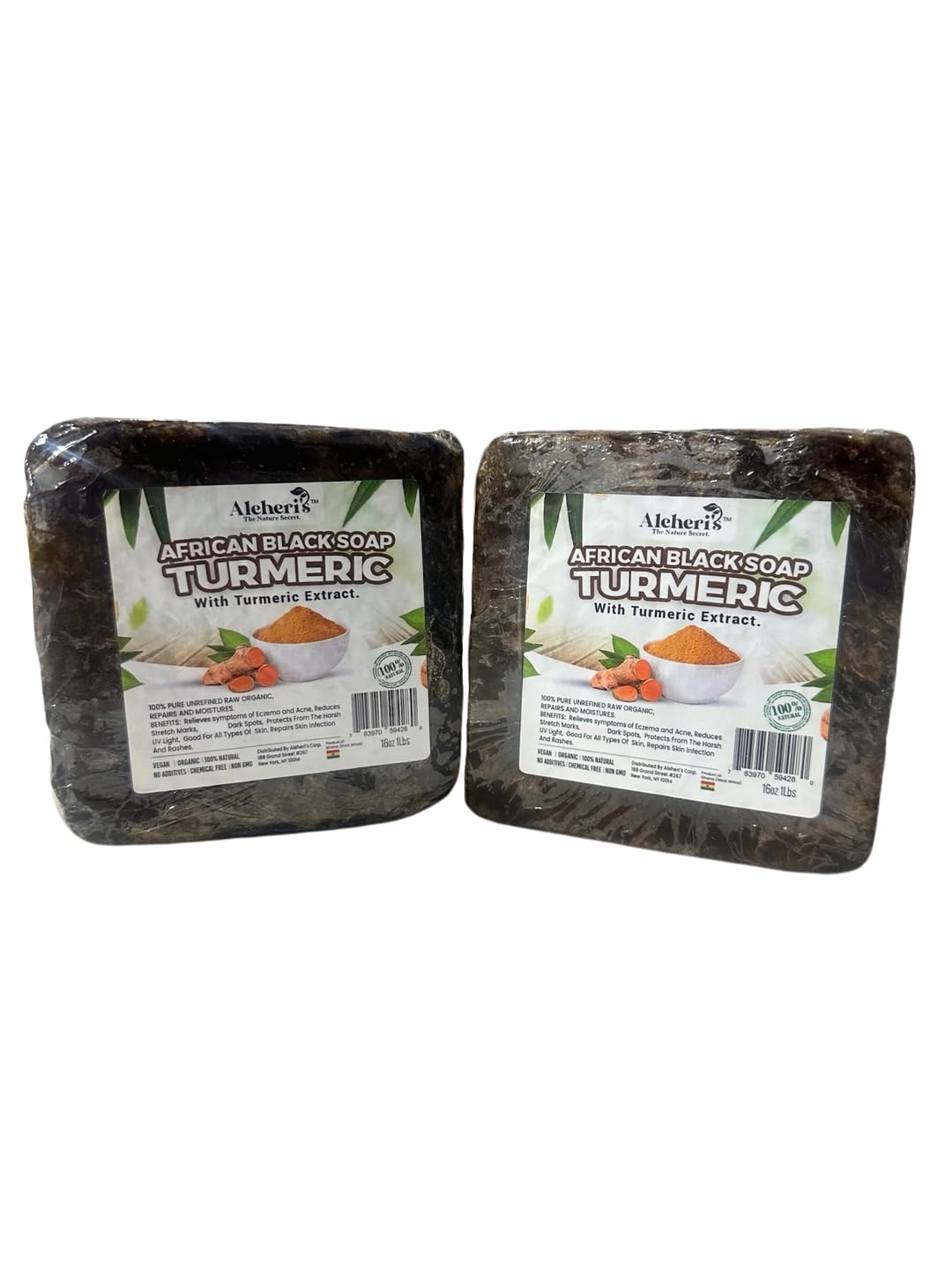 Aleheri’s 100% Raw African Black Soap Bar w/Shea Butter & Turmeric Extract (16 oz) – Clarifying/Moisturizing – Black Soap for Dark Spots, Acne, Eczema & Stretch Marks – All Skin Types - MULTIPACK (2)