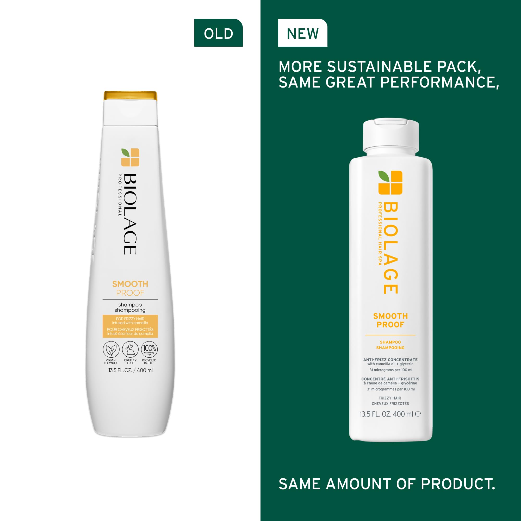 Biolage Smooth Proof Shampoo - Gently Cleanses, Nourishes & Tames Frizz, For Frizzy Hair, Infused with micro-dosed with Camellia Oil & Glycerin, Vegan & Paraben-Free, 13.5 Fl Oz, Packaging May Vary