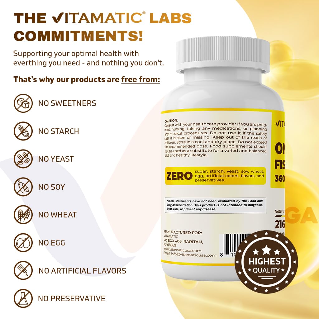 Vitamatic Triple Strength Omega 3 Fish Oil 3600mg Per Serving, 2160mg Omega 3 Fatty Acids, 1296mg EPA + 864mg DHA, Burpless Lemon Flavor, 180 Softgels