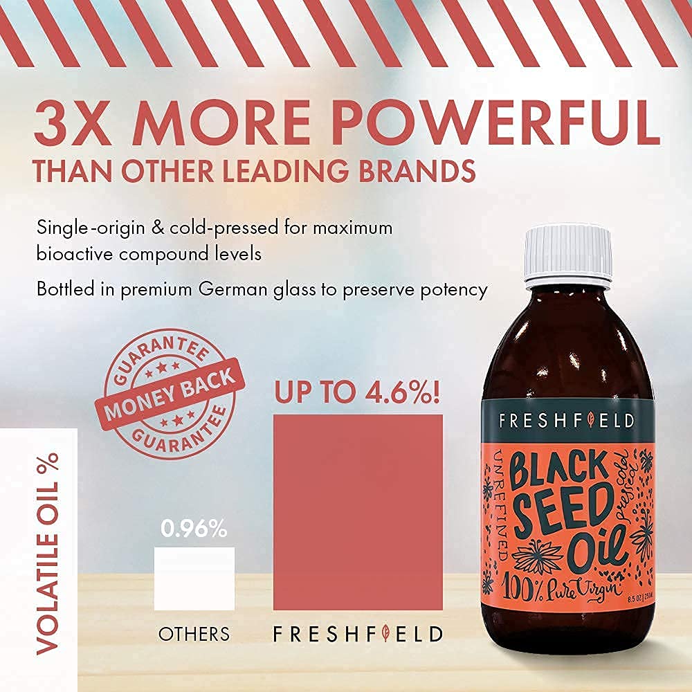 Freshfield Black Seed Oil | Vegan Friendly Up to 3X The Thymoquinone, Premium (Black Cumin Seed Oil, Nigella Sativa) | Cold Pressed | Ultra Strength | Pure and 100% Natural. 8 oz Liquid