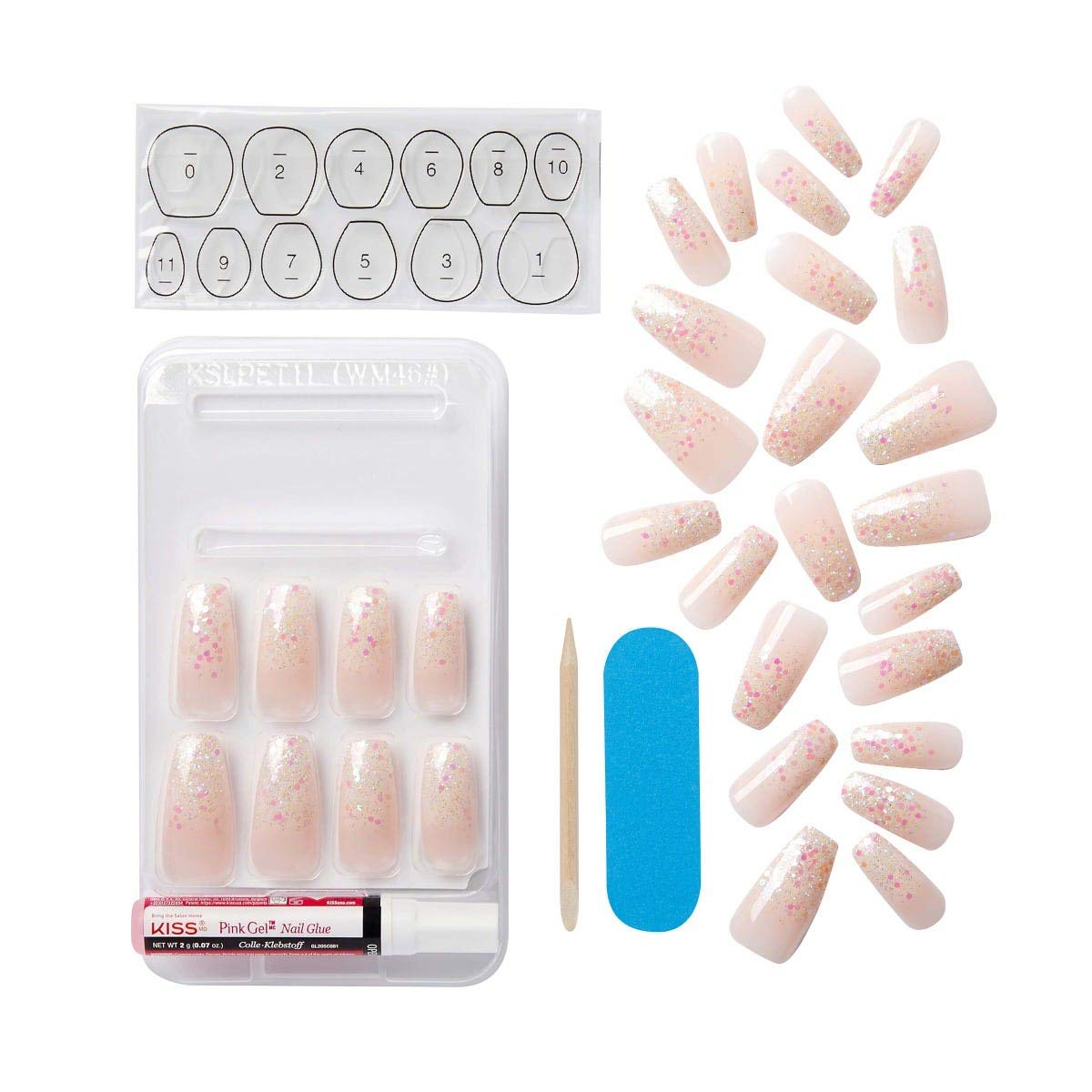 KISS Classy French Nail Manicure Kit with Gel Finish, Long, Coffin Shaped, “Scrunchie”, Gel Nail Kit Includes Pink Nail Glue (Net Wt. 2 g / 0.07oz.), Mini File, Manicure Stick, and 28 Fake Nails