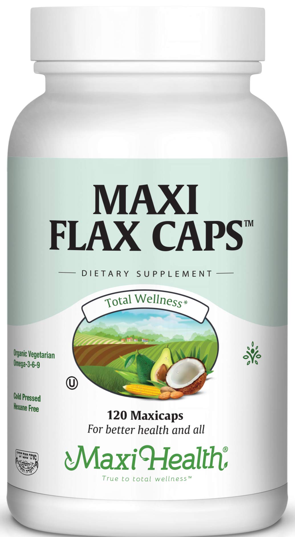 Maxi Flax Caps – Organic Flaxseed Oil, Omega 3, 6, 9 - Cold Press - Hexane Free, 700 mg – Kosher, 120 caps