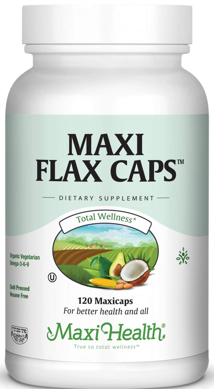Maxi Flax Caps – Organic Flaxseed Oil, Omega 3, 6, 9 - Cold Press - Hexane Free, 700 mg – Kosher, 120 caps