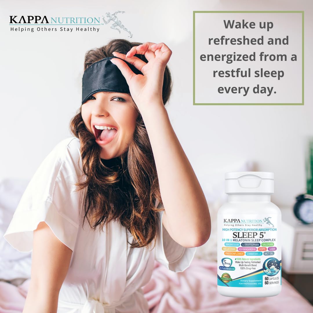 KAPPA NUTRITION Sleep 5, Sleep Aid, 5mg of Melatonin, 60-Day Supply, Non-Habit Forming Vegan Capsules Natural Ingredients for Easier Bedtime, Herbal Supplement, Valerian Root, Chamomile Non-GMO