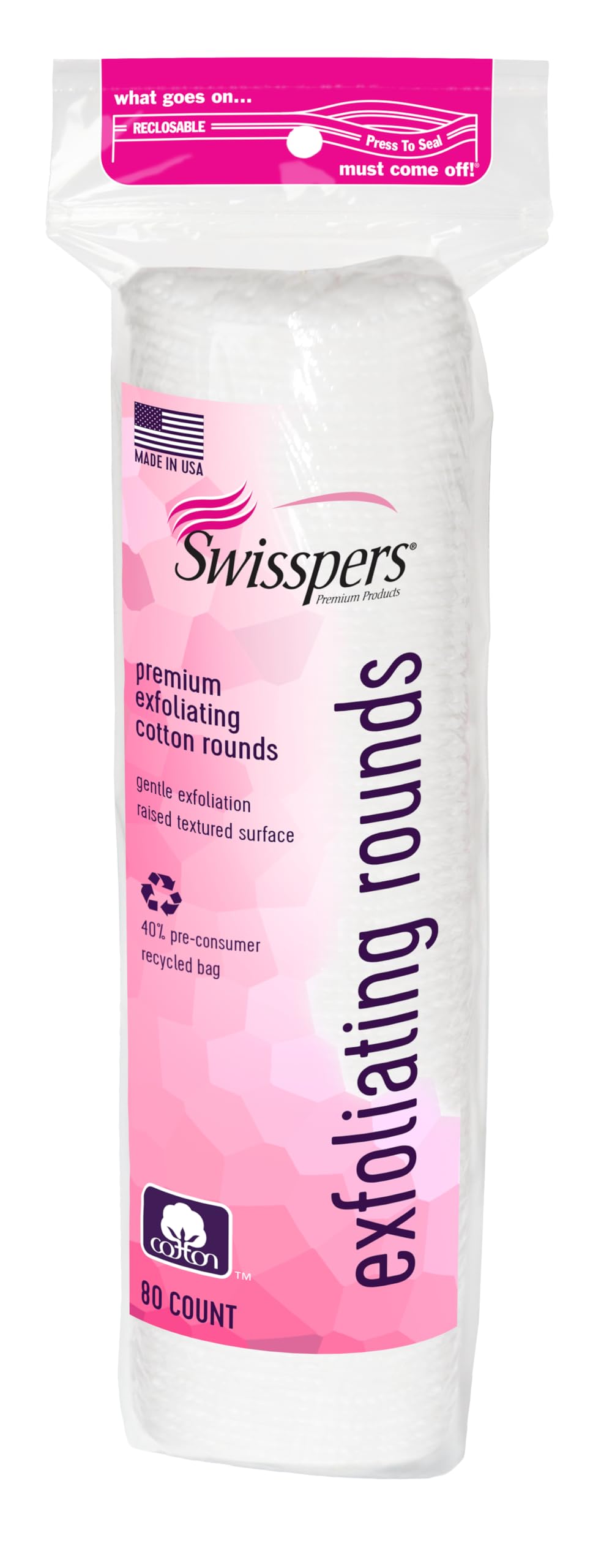 Swisspers Premium Exfoliating Cotton Rounds, 80 Count