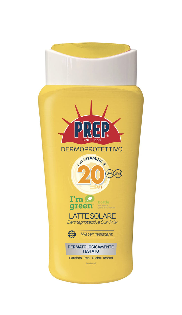 PREP: Dermaprotective Sun Milk, with Vitamin E, 20 SPF - 6.76 Fluid Ounces (200mL) Bottle [ Italian Import ]