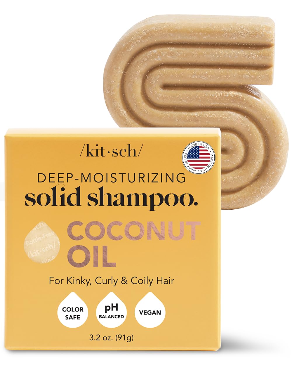 Kitsch Coconut Oil Shampoo Bar, Deep Moisturizing Curly Hair Shampoo, Safe for Color Treated Hair, Paraben & Sulfate Free Formula, Plastic Free, Vegan & Cruelty Free Ingredients for Dry Hair, 3.2 oz