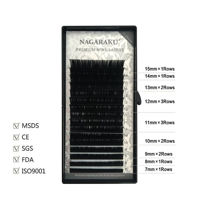 NAGARAKU Eyelash Extensions Individual Lashes 0.07mm D curl 7-15mm Mix Tray Classic Matte Black Soft Natural Faux Mink 16 rows