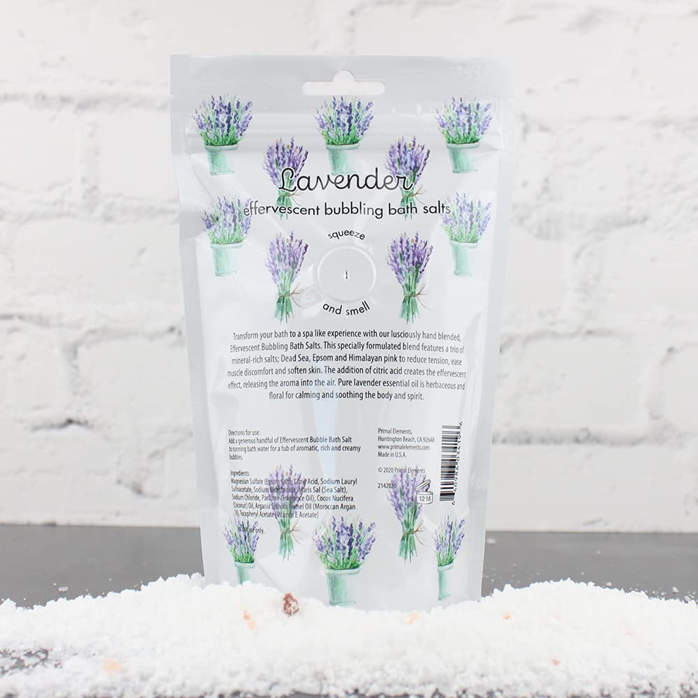 Primal Elements Detoxifying Sea Salt Soak, Bubbling Aromatherapy Salts with Essential Oils, Lavender, 12 oz Resealable Bag