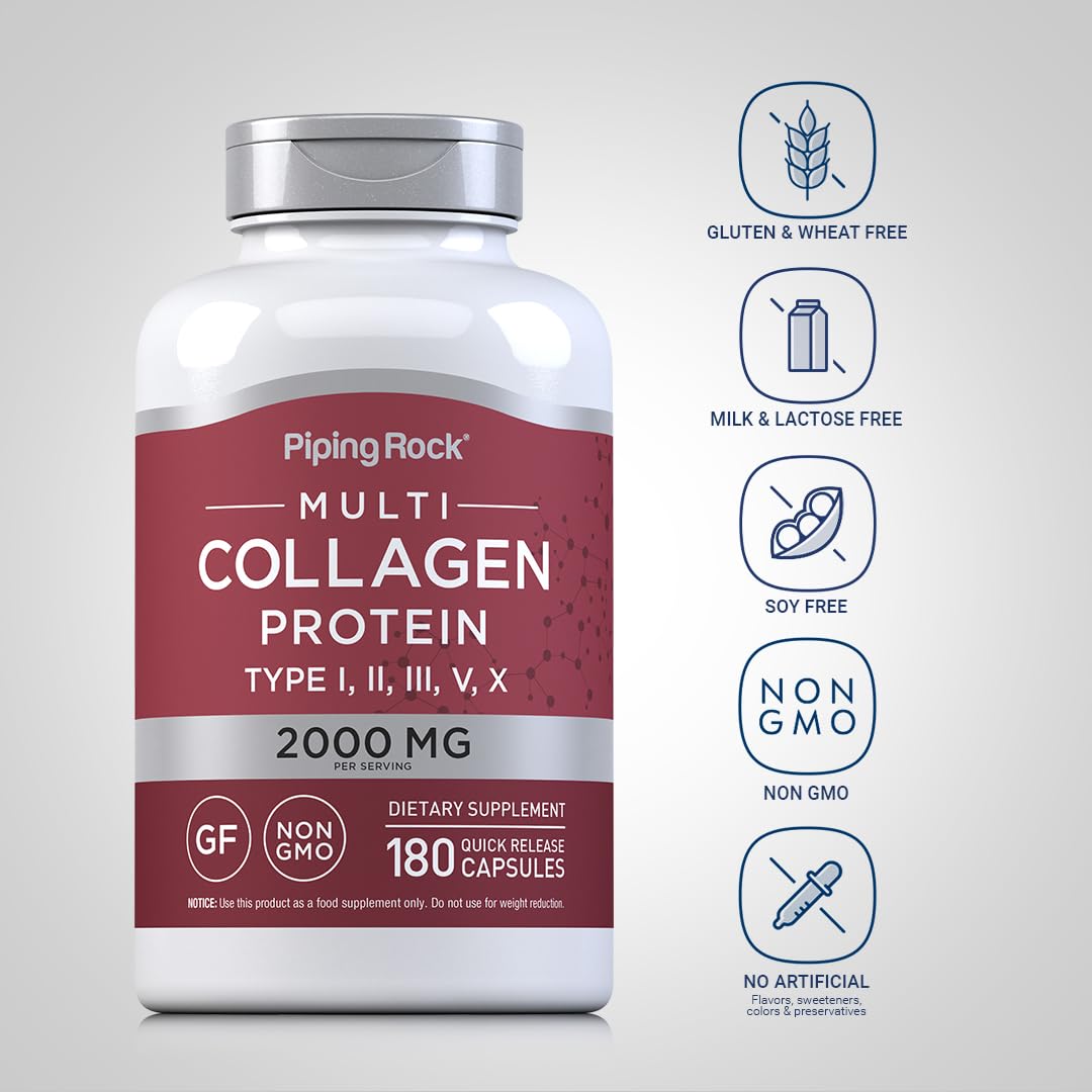 Piping Rock Multi Collagen Protein | 180 Capsules | 2000mg | Types I, II, III, V, X | Non-GMO, Gluten Free