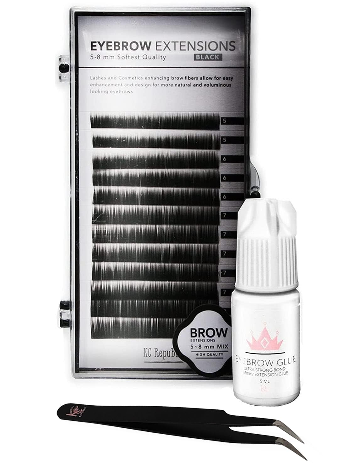 Black: Eyebrow Extensions With Eyebrow Extension Glue Clear With Mink Eyebrows In Black | Comes On Mixed Length Trays 5-8 Mm Mix By Kc Republic