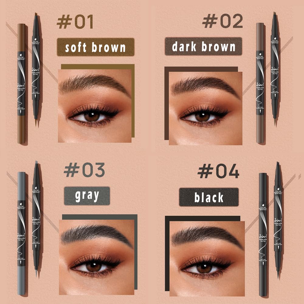 Easy Fill Hair-like Eyebrow Pen, Dual-ended Microfilling with Fork-Tips and Precise Tip, Liquid Brow Makeup by “Linble” (#3 Gray)
