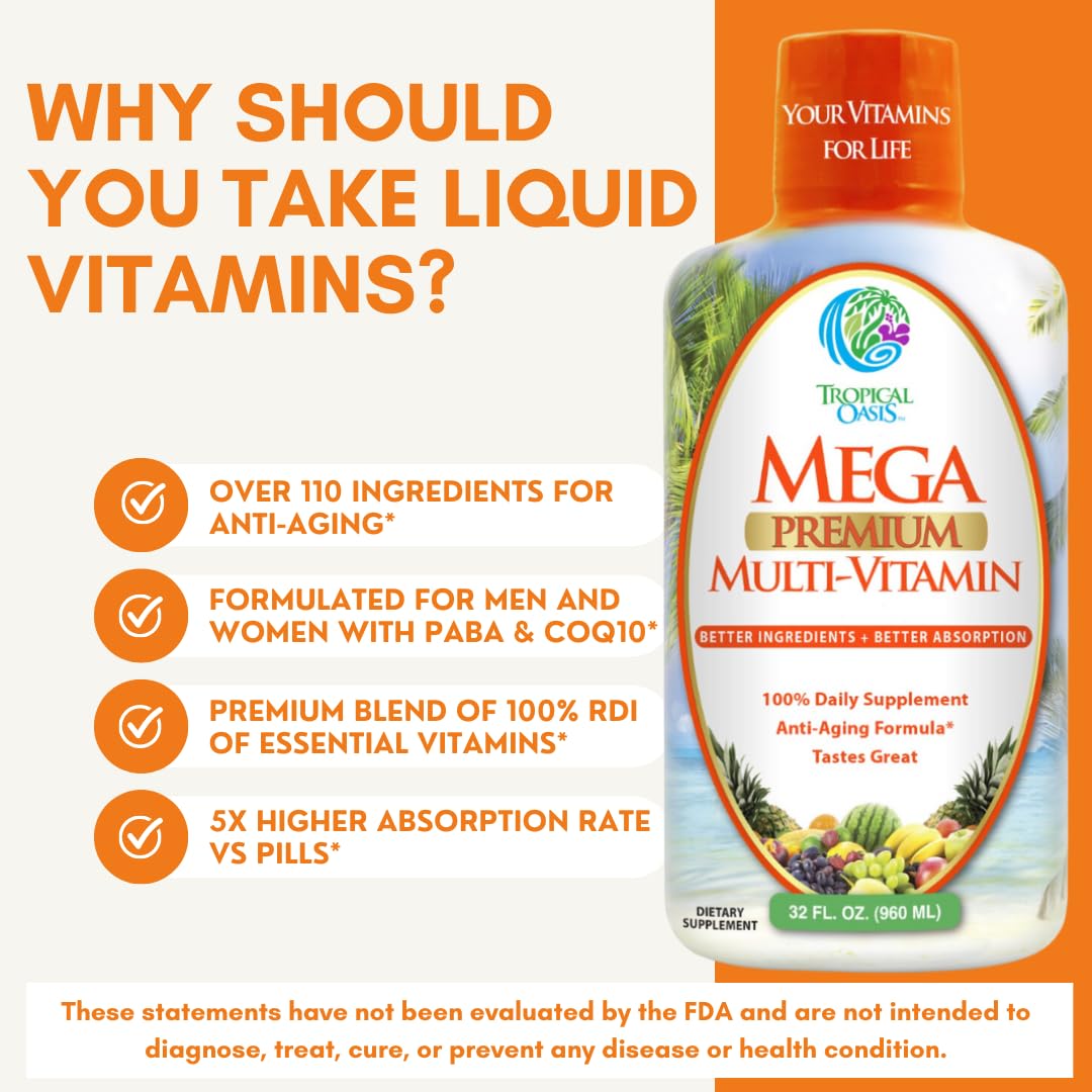 Mega Premium Liquid Multivitamin | Natural Immune Support Vitamin w/ 1333% Vitamin C, 200% D3, Zinc + 20 Vitamins, 70 Minerals, & 21 Amino Acids | Sugar Free | Orange Flavor | 98% Absorption | 32 Serv