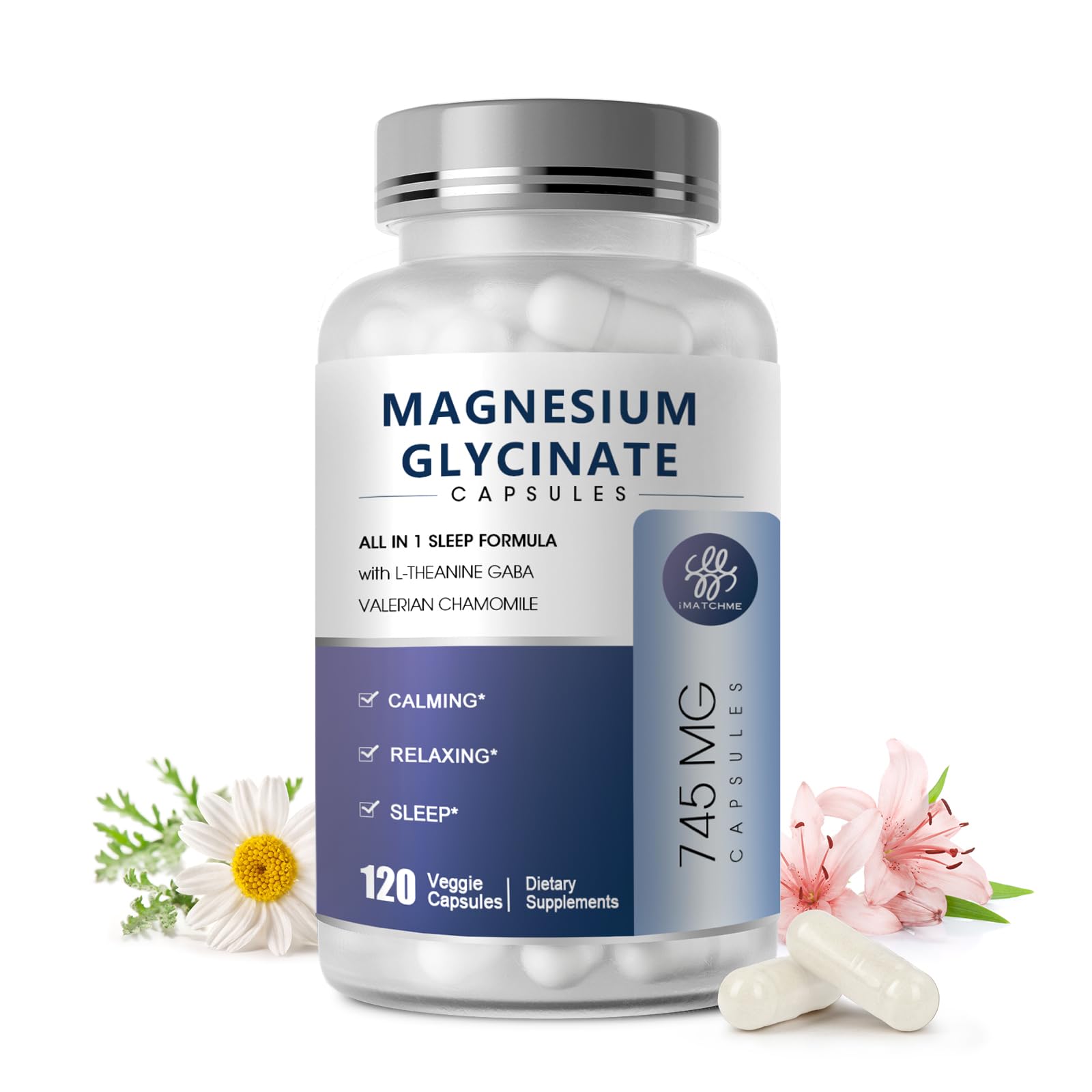 iMATCHME Magnesium Glycinate Supplement with L-Theanine, Chamomile & GABA – Supports Sleep, Calmness, Muscle Relaxation for Men & Women – Vegan, High-Absorption, 120 Capsules