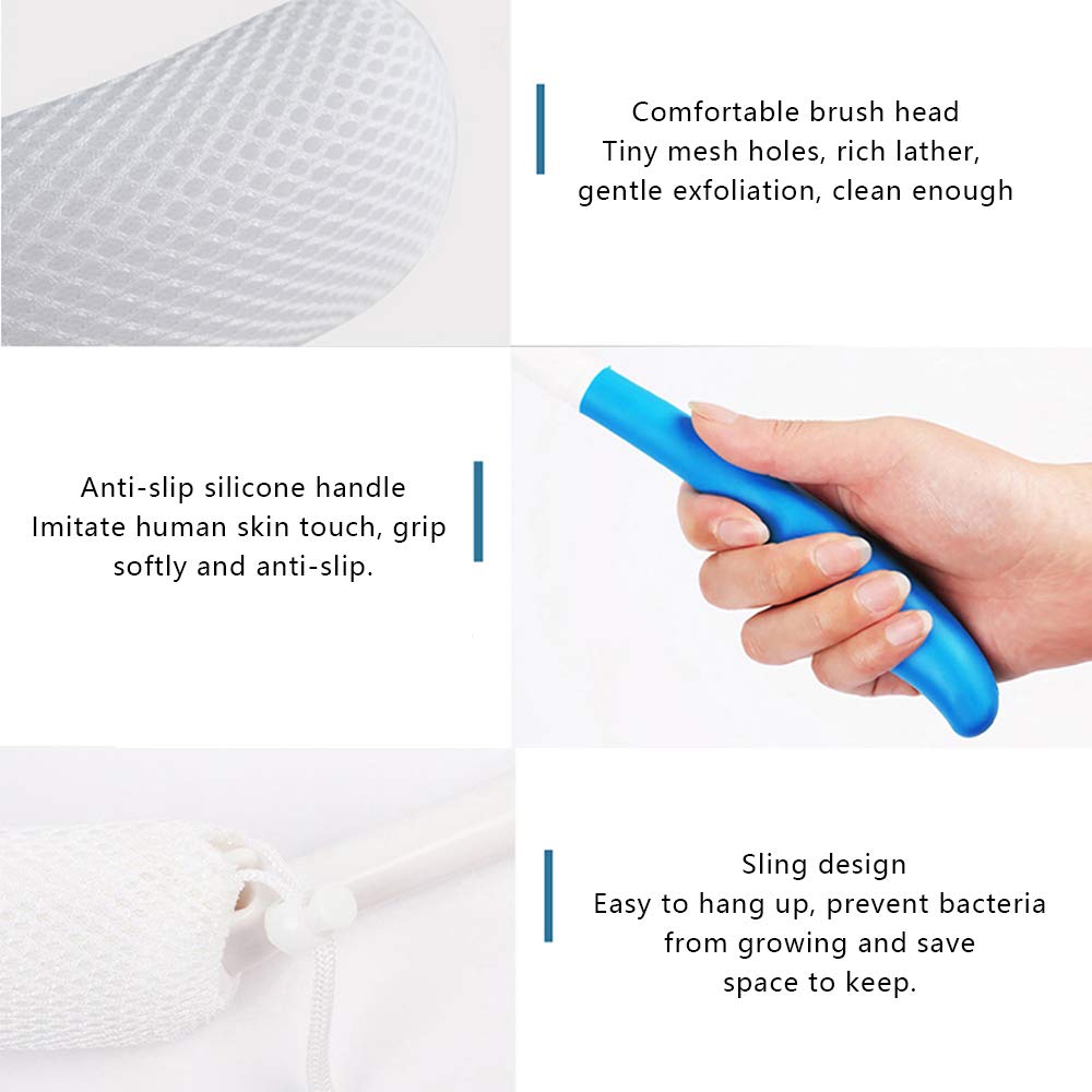 MagiDeal Vinyl Quote Me Long Anti-Slip Curve Handled Bath Body Brush, Easy Reach for Seniors, Suitable for Elderly/Pregnant Aid Bathing & Shower, Blue, 15.35