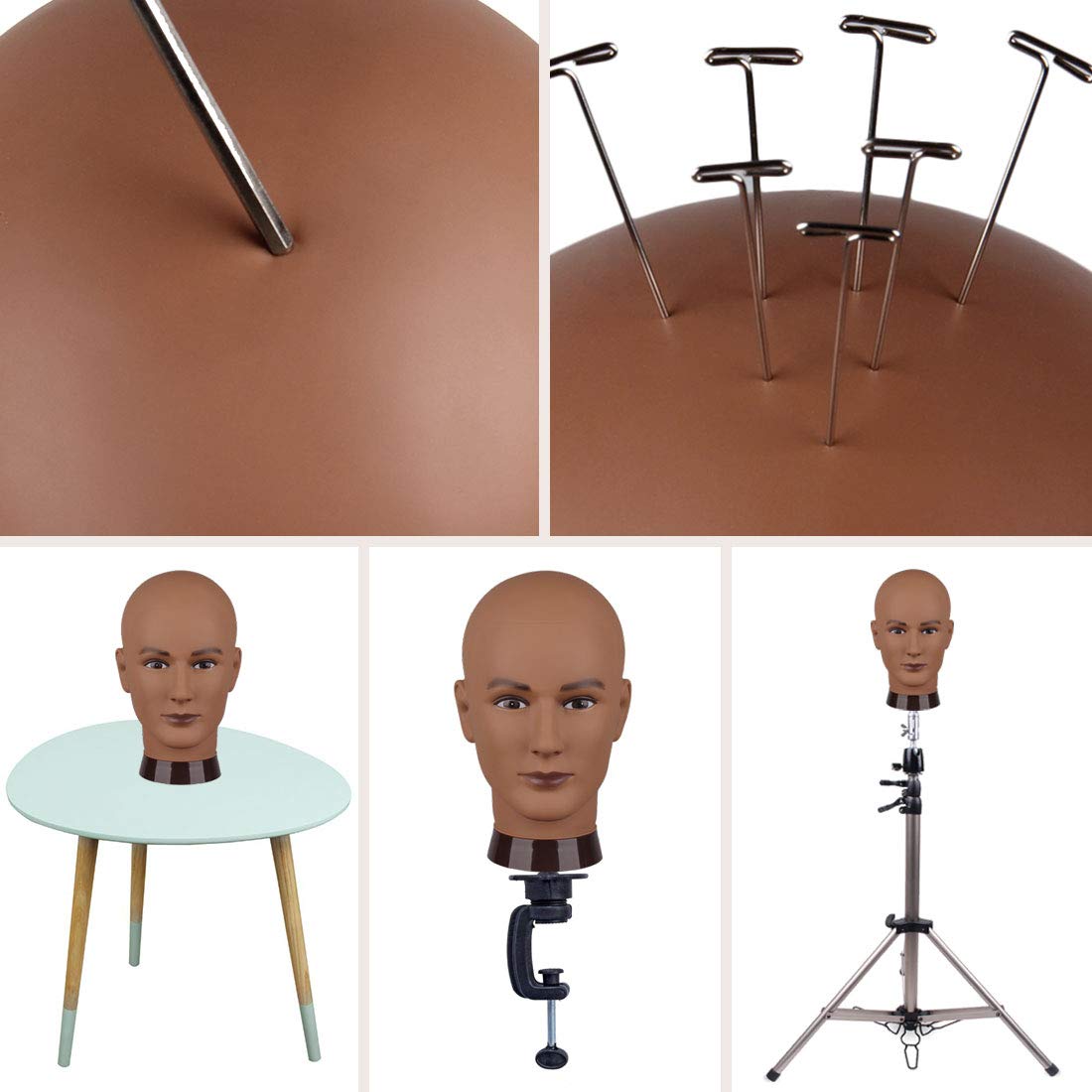 NEWSHAIR Bald Mannequin Head Male Professional Cosmetology for Wig Making and Display, Hat, Helmet, Glasses or Masks Display Head Model with Free Clamp Stand (Dark Brown)