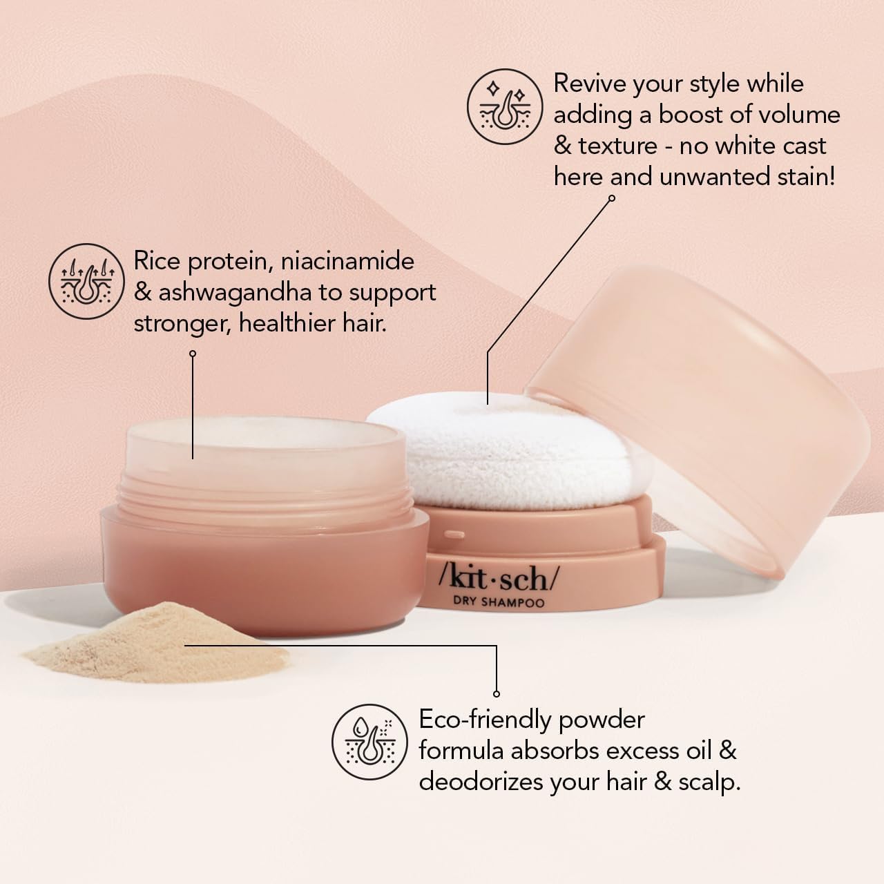 Kitsch Dry Shampoo Powder with Rice Protein for Women & Men - Unscented, Volumizing, No White Cast,Organic, Paraben Free & Benzene Free, Non Aerosol for Oily and Light Hair, Travel Size - 8g