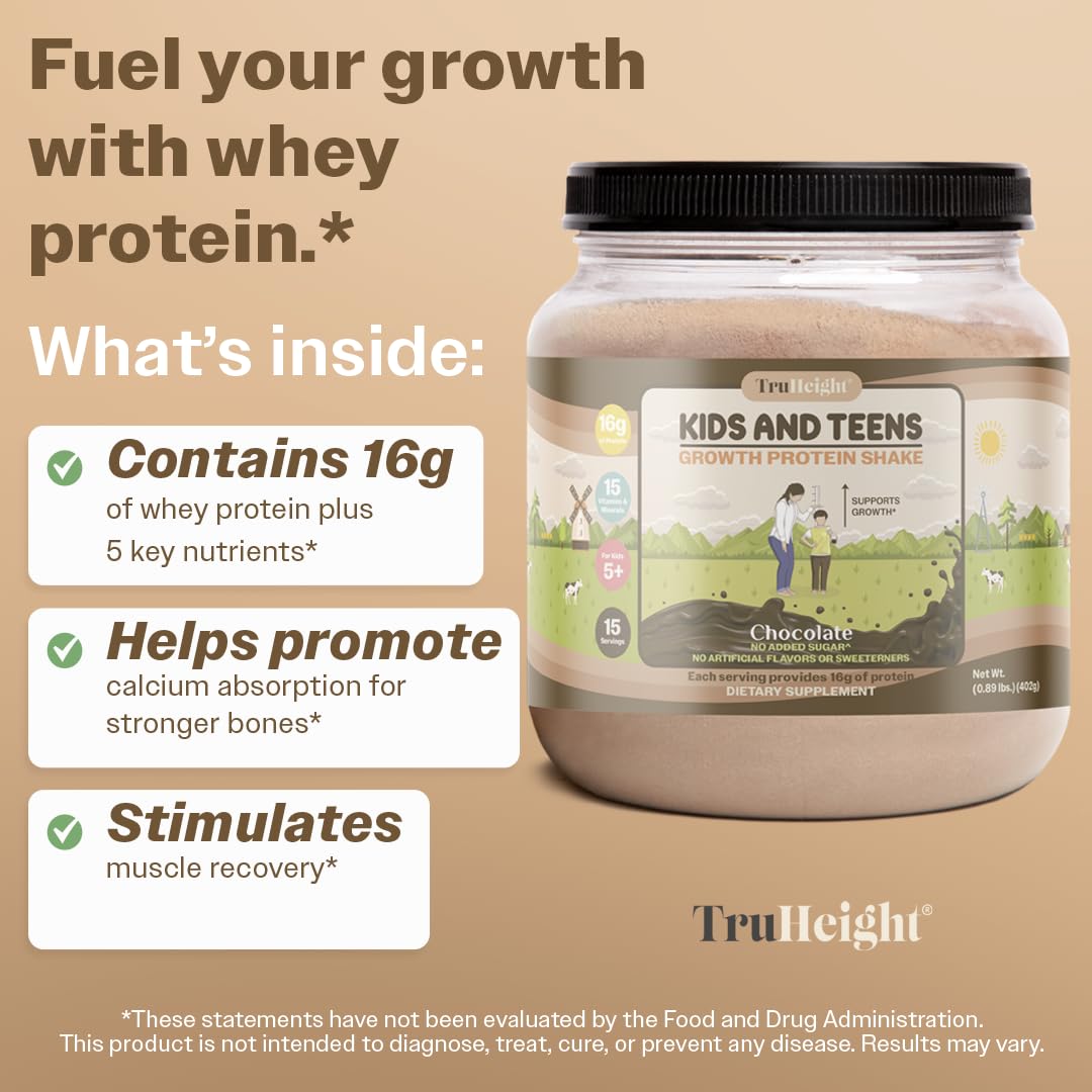 TruHeight Growth Protein Shake (Chocolate Milk Flavor, Whey) Natural Growth & Development Protein Powder for Kids & Teens - Endorsed by Pediatricians - Vitamins & Minerals for Picky Eaters - Ages 5+
