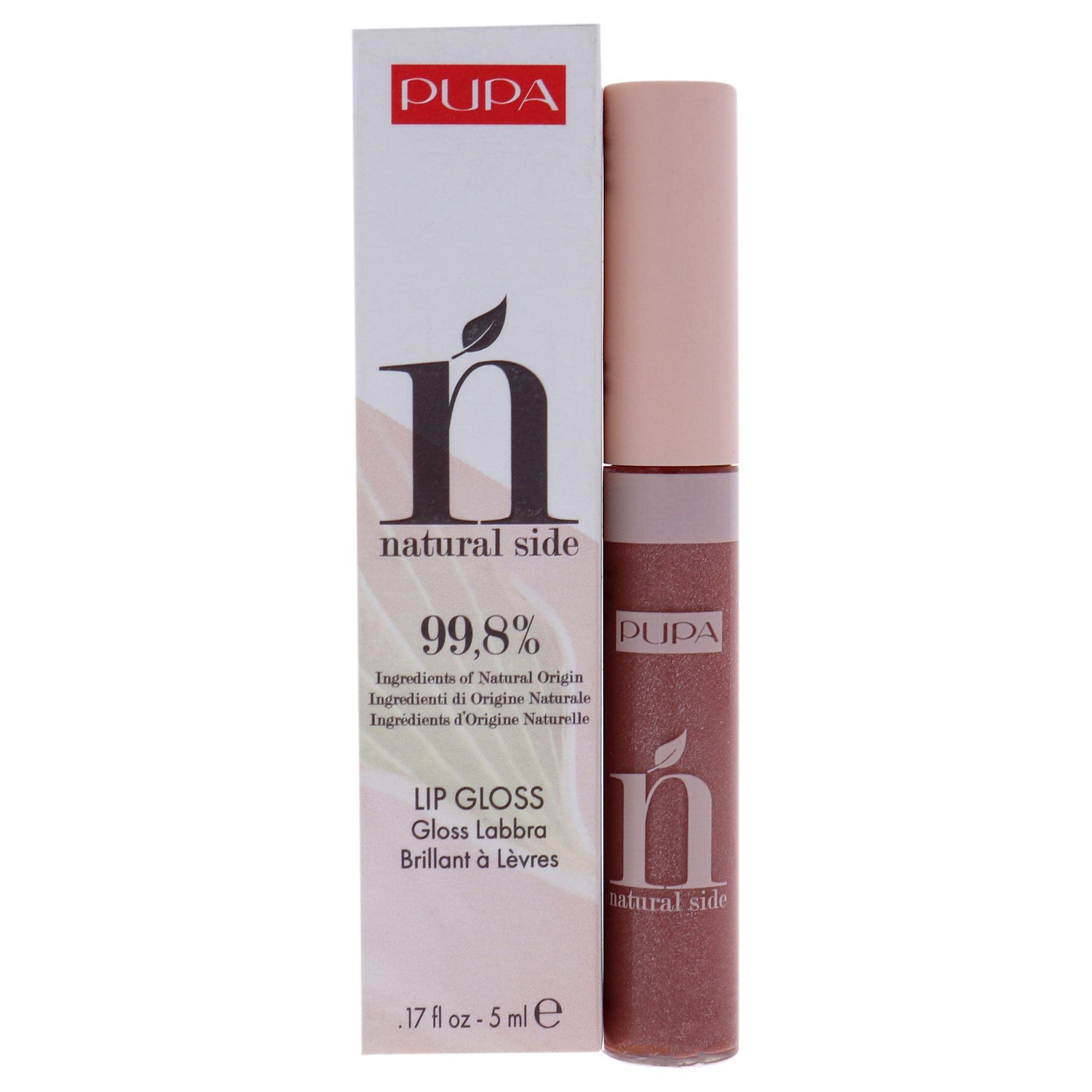 Pupa Milano Natural Side Lip Gloss - Ultra Radiant Effect With 99.8% Ingredients of Natural Origin - Comfortable and Non-Sticky - Contains Natural Oils and Rice Starch - 004 Pearly Nude - 0.17 Oz