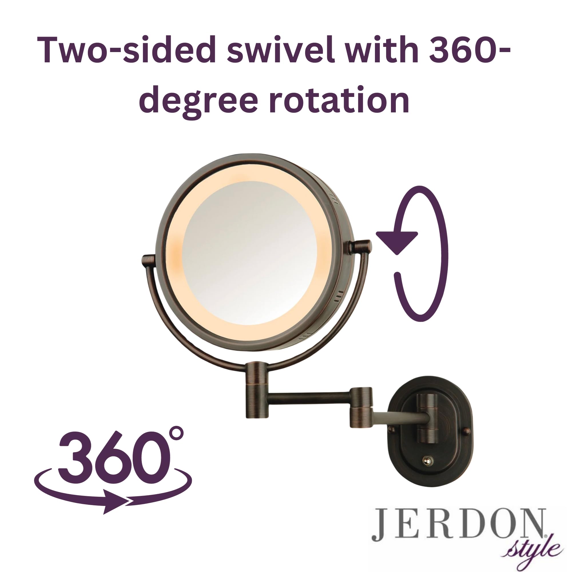 Jerdon HL65BZ 8-Inch Lighted Wall Mount Makeup Mirror with 5x Magnification, Bronze Finish