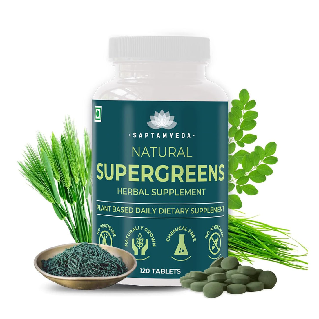 SAPTAMVEDA Natural Supergreen 120 Tablets | Multivitamin, Contains Moringa, Wheatgrass, Spirulina & Barely Grass
