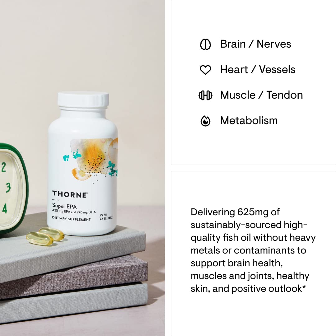 THORNE Super EPA - Omega-3 Fatty Acids EPA 425mg & DHA 270mg Supplement - Support Brain, Cardiovascular, Joints & Skin - Gluten, Dairy & Soy-Free - 90 Gelcaps