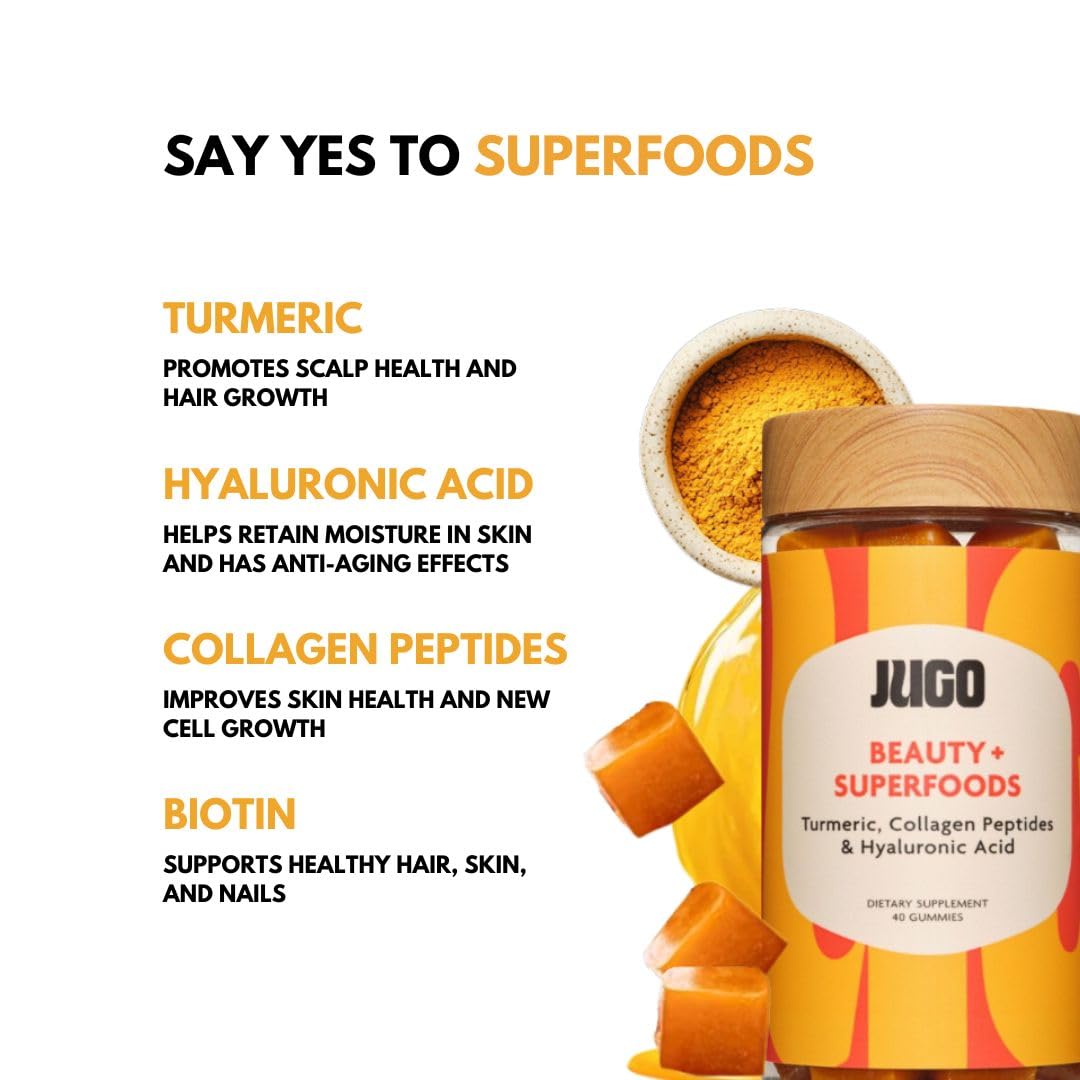 JUGO Beauty + Superfood Gummies | Biotin Collagen for Hair, Skin, and Nails | Biotin 2500 mcg & Hyaluronic Acid | 40 Count | Gelatin-Free, Non-GMO