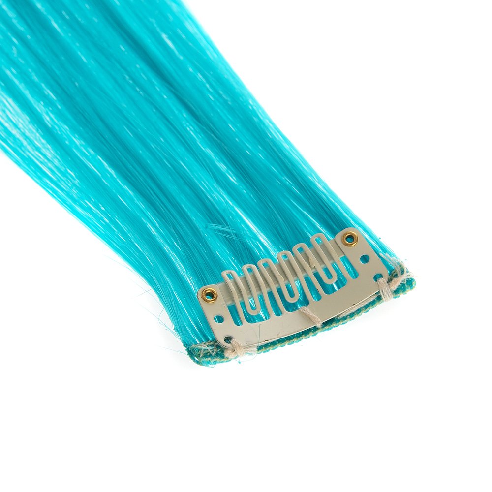 Teal Blue : SWACC 12 Pcs Straight One Color Party Highlights Clip on in Hair Extensions Colored Hair Streak Synthetic Hairpieces (Teal Blue)