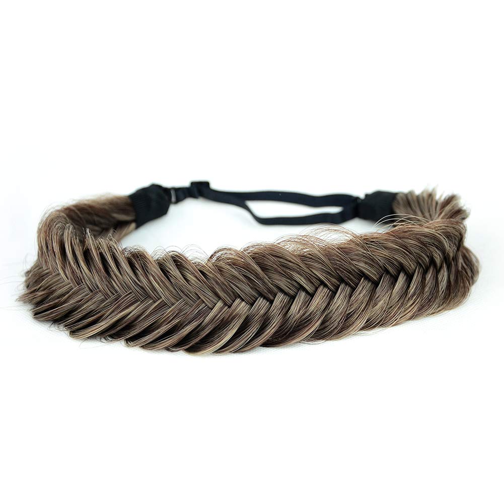 BOBIYA Wide Fishtail Synthetic Hair Braided Headband Classic Chunky Plaited Braids Elastic Stretch Hairpiece Women Girl Beauty accessory,59g (Copper Brown)