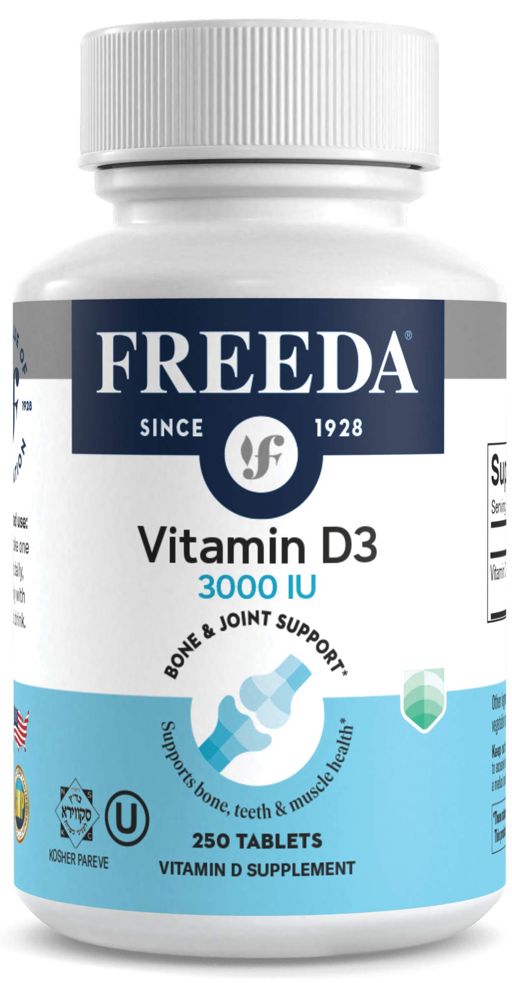 FREEDA Vitamin D3-3000 IU - Pure High Potency Kosher Supplement Tablets - Bone and Muscle Health, Calcium Absorption, Immune Support for Men and Women* - 250 Count