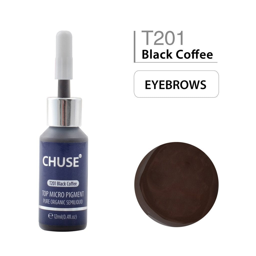 CHUSE T201, 12ml, Black Coffee, Passed SGS, DermaTest Top Micro Pigment Cosmetic Color Permanent Makeup Tattoo Ink