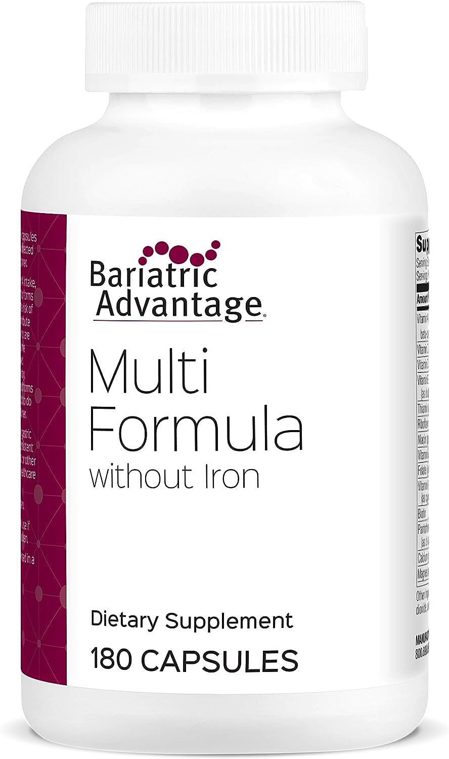 Bariatric Advantage Multi Formula without Iron, High Potency Daily Multivitamin for Bariatric Surgery Patients with 22 Essential Vitamins and Nutrients - 180 Capsules