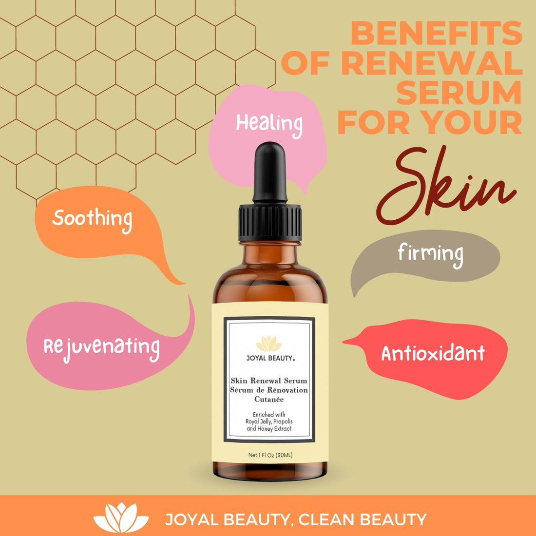 JOYAL BEAUTY Organic Royal Jelly Skin Renewal Serum for Face Skin Eyes. Best Intensive Firming Renewing Resurfacing Solution Enriched with Honey, Bee Propolis for Flawless Baby Soft Skin