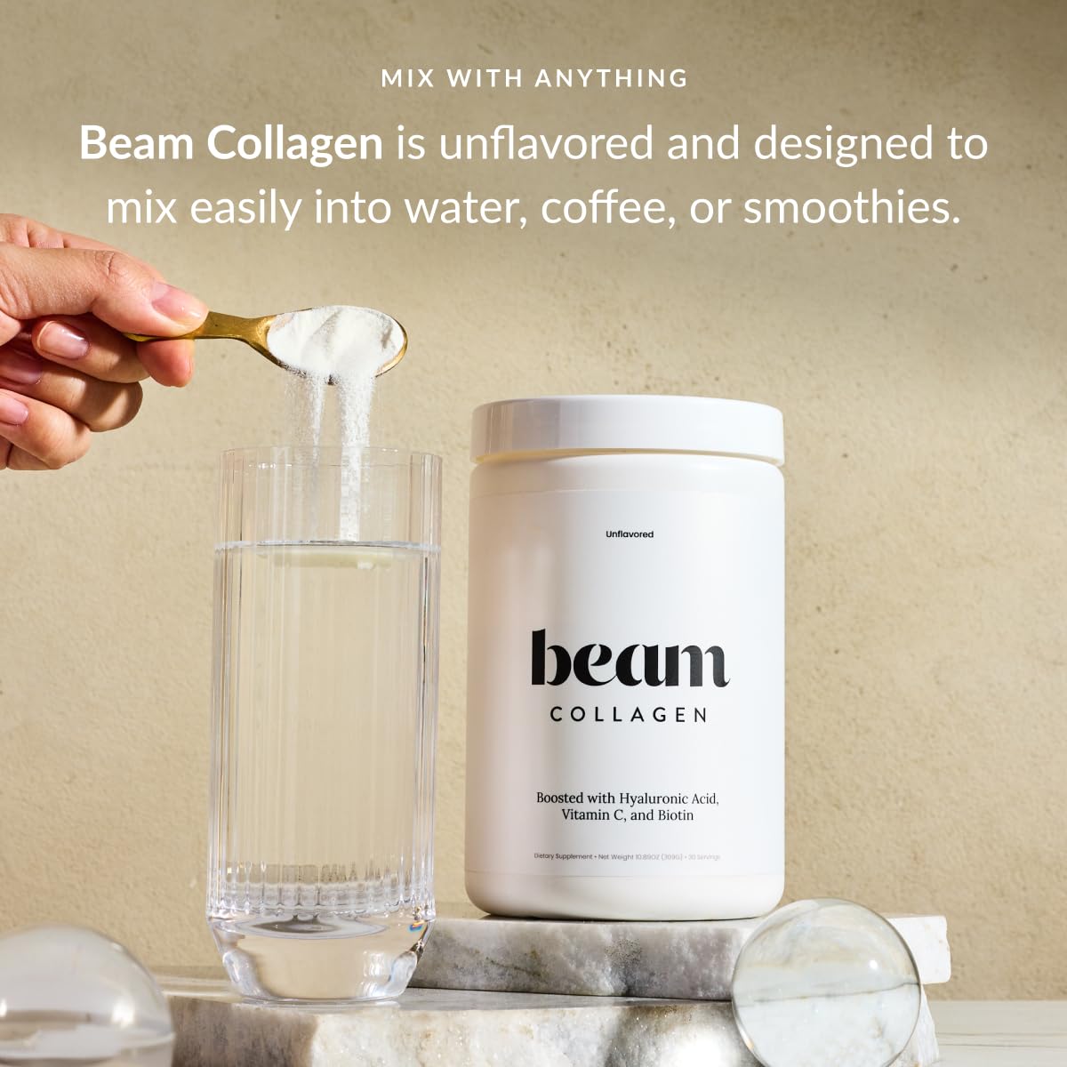 Beam Collagen Powder, Collagen Peptides For Women & Men, Grass Fed Collagen Supplements with Biotin, Protein and Hyaluronic Acid, Hair, Skin, Nail & Joint Support, Gluten Free, Sugar Free, 30 Servings