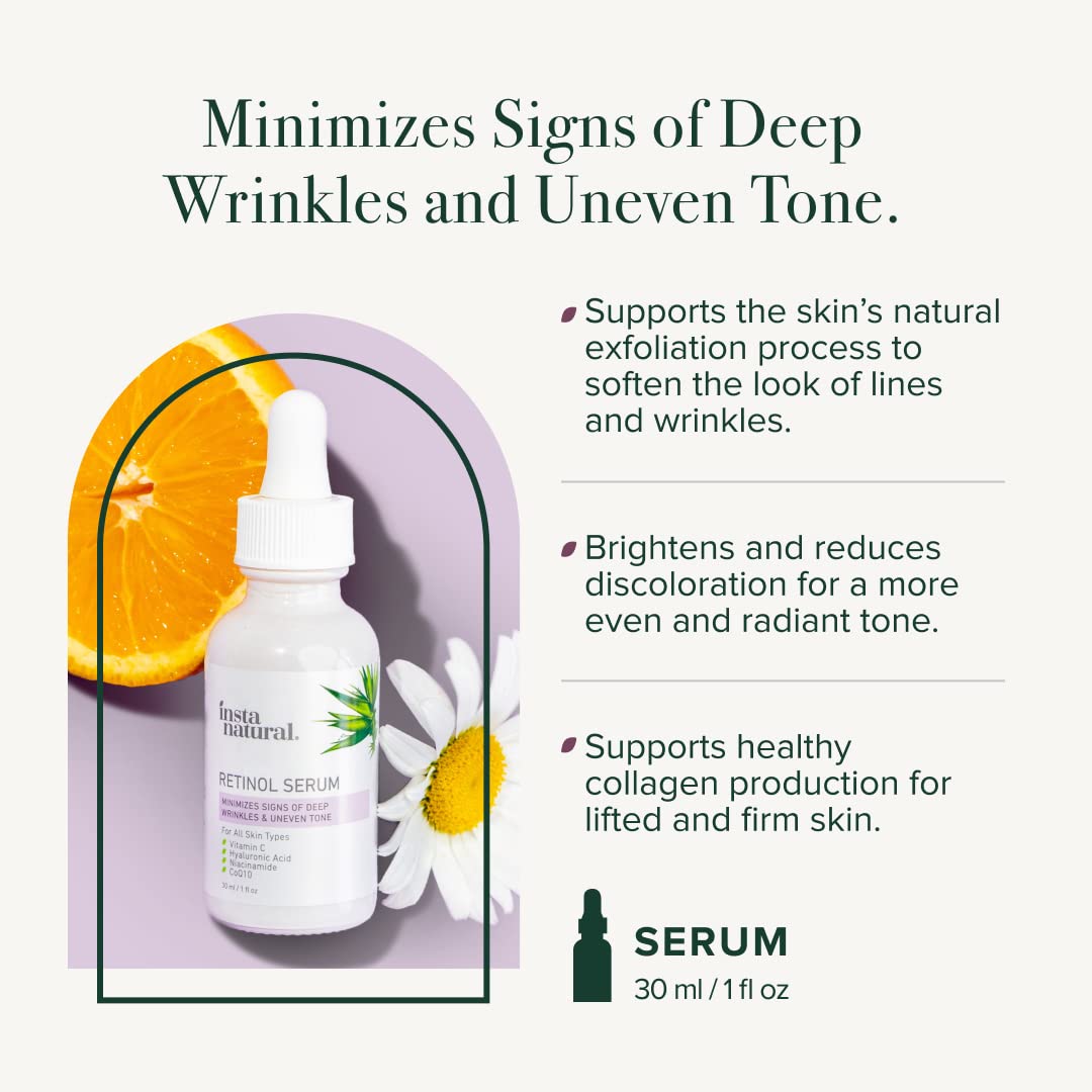InstaNatural Retinol Serum for Face with Niacinamide, Vitamin C, and Hyaluronic Acid, Anti Aging for Firmer Skin, Lines & Wrinkles & Brightening Serum