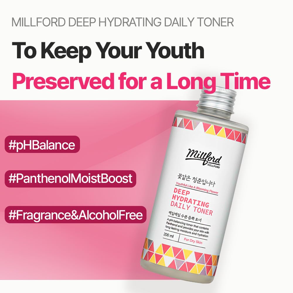 Millford Deep Hydrating Daily Toner 6.76 Oz, 200ml, Moisturizing Toner, Alcohol Free, Fragrance Free, pH Balance, Panthenol, Betaine, Vitamin B5, Korean Skincare