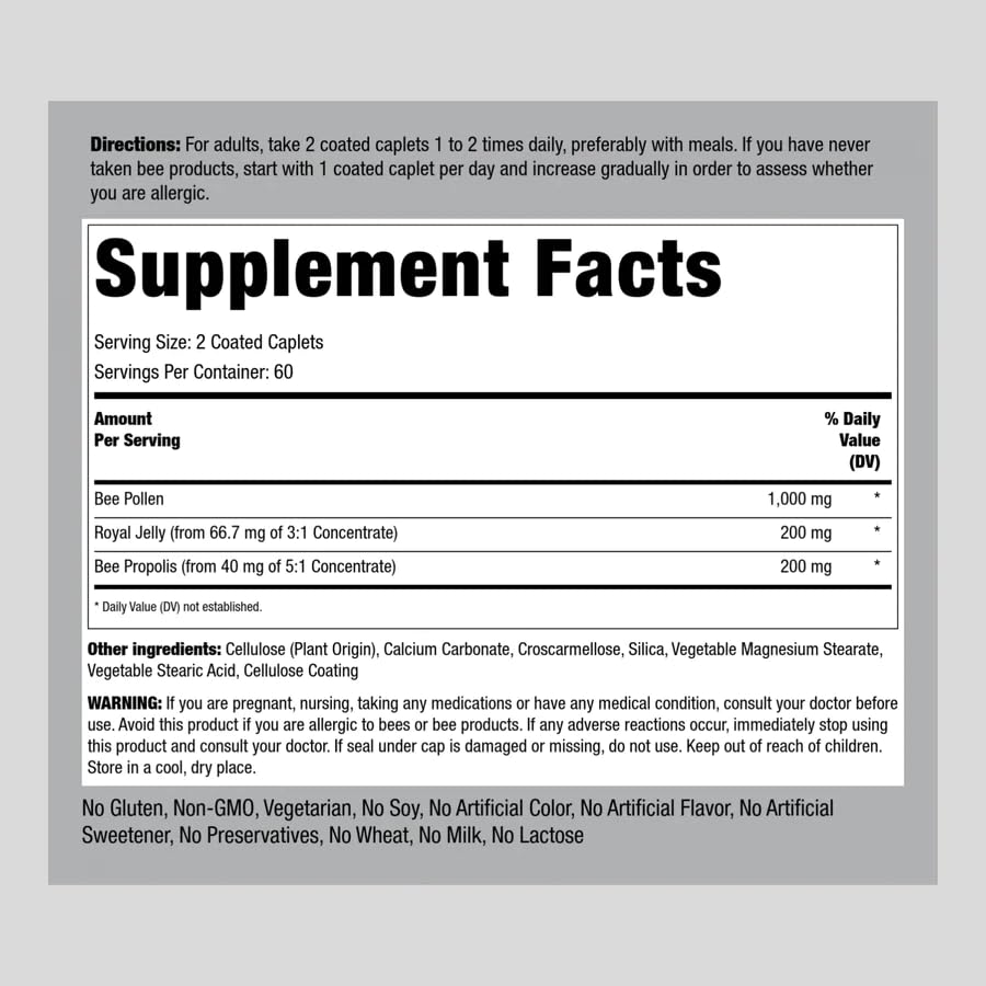 Piping Rock Bee Pollen Complex Capsules | 120 Caplets | Pills with Bee Propolis Plus Royal Jelly | Supplement for Men & Women | Non-GMO, Gluten Free