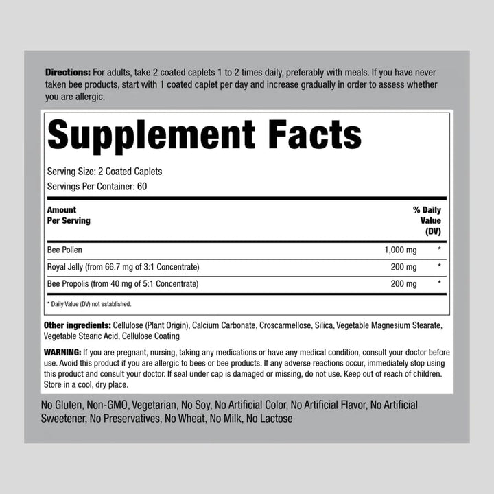 Piping Rock Bee Pollen Complex Capsules | 120 Caplets | Pills with Bee Propolis Plus Royal Jelly | Supplement for Men & Women | Non-GMO, Gluten Free